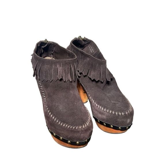 FLOGG NWOT Davina Brown Suede Fringe Wooden Platform Heels size 8.5 - Picture 3 of 5